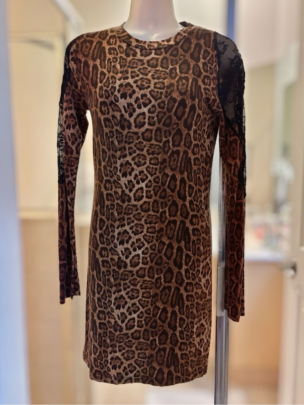 Torn by Ronny Kobo Brown Leopard Print Long Sleeve Dress with Lace Shoulders
